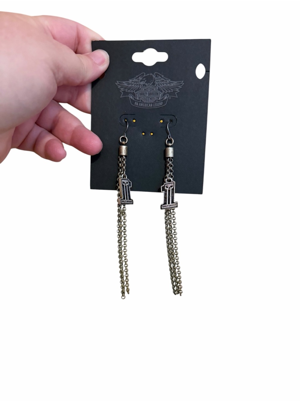 Harley-Davidson silver tone Chain Tassel '1' Drop Earrings